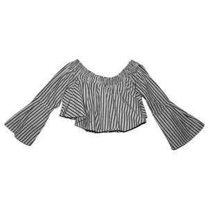 Womens Bebe Flounce Ruffle Off The Shoulder White Gray Striped Crop Top Sz Small